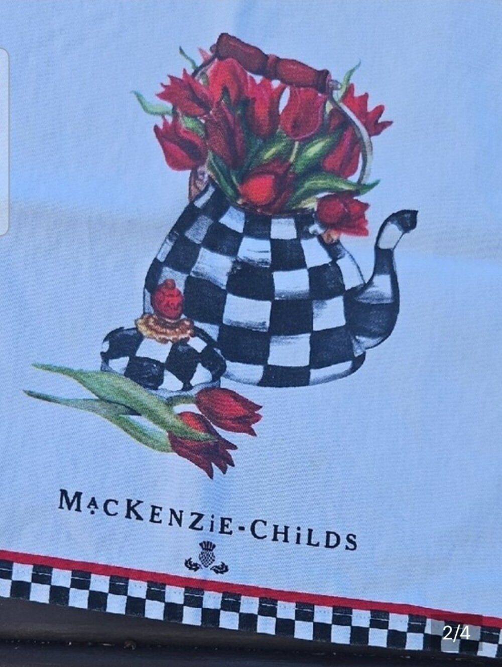 MacKenzie-Childs White Tea Towel with Black Check & Red Floral Teapot